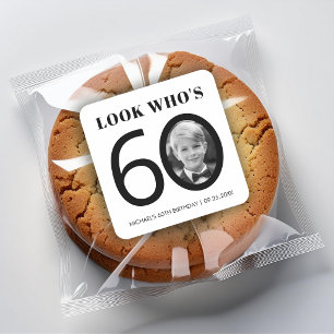Kijk wie 60 is Zwarte Witte Kind Foto 60ste Verjaa Vierkante Sticker