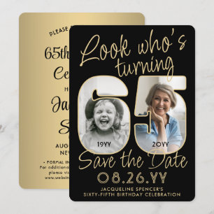 Kijk wie 65 is Zwart & Goud 2 Foto Verjaardagsfees Save The Date