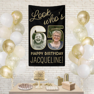 Kijk wie 65 is Zwarte & Gouden 2 Foto Verjaardagsf Spandoek