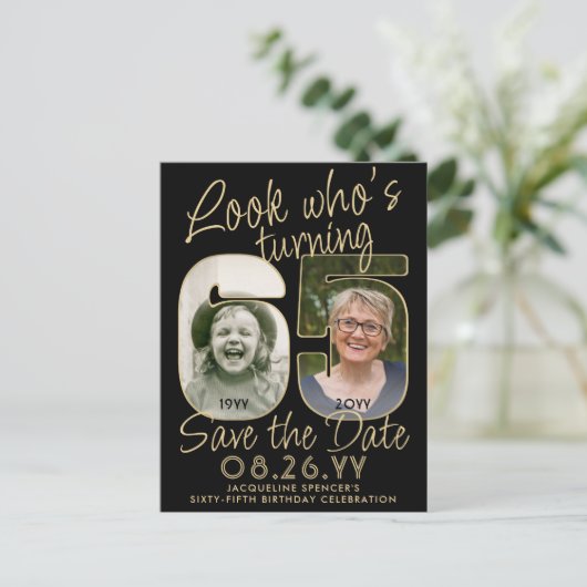 Kijk wie 65 verjaardagsfeestje bewaart de datum 2  aankondigingskaart (Staand voorkant)