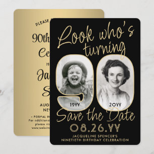 Kijk wie 90 is Zwart & Goud 2 Foto Verjaardagsfees Save The Date