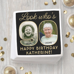 Kijk wie 90 is Zwart & Goud Verjaardagsfoto 2 Servet