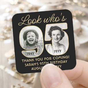 Kijk wie 95 is Verjaardagsfeest 2 Foto zwart goud Vierkante Sticker