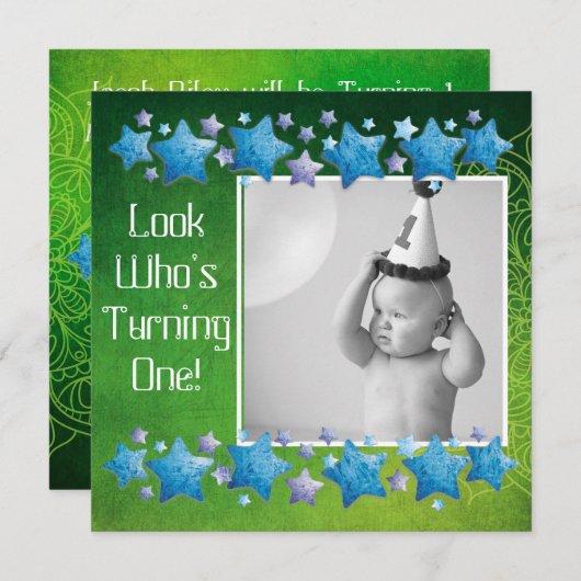 Kijk wie er 1 wordt, eerste verjaardagsuitnodiging kaart (Voorkant / Achterkant)