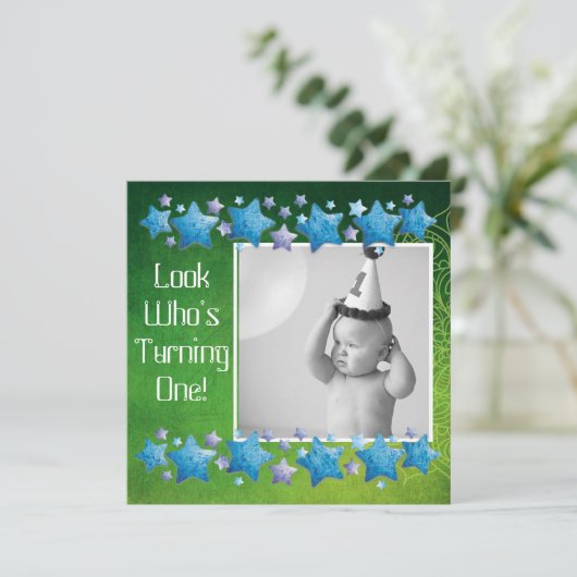 Kijk wie er 1 wordt, eerste verjaardagsuitnodiging kaart (Staand voorkant)