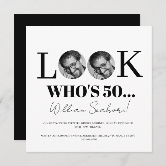 Kijk wie er 50, 50ste keer wordt uitgenodigd met f kaart (Voorkant / Achterkant)