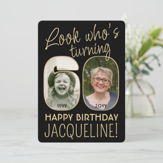 Kijk wie er 60 is Zwart & Goud Verjaardagsfeestje  Kaart (Staand voorkant)