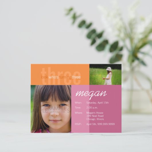 kijk wie er drie wordt · Verjaardagsuitnodiging Uitnodiging Briefkaart (Staand voorkant)