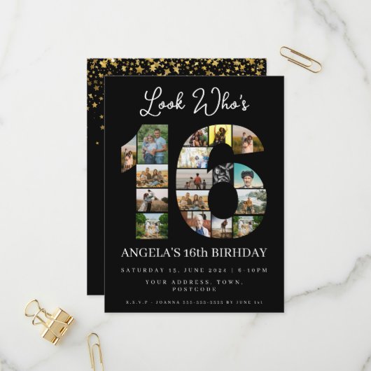 kijk wie is 16 lieve zestien verjaardag Foto uitno Uitnodiging Briefkaart (Voorkant / Achterkant in situ)