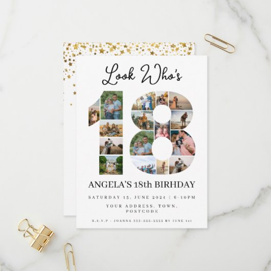 kijk wie is 18 Photo Collage teken Uitnodiging Briefkaart (Voorkant / Achterkant in situ)
