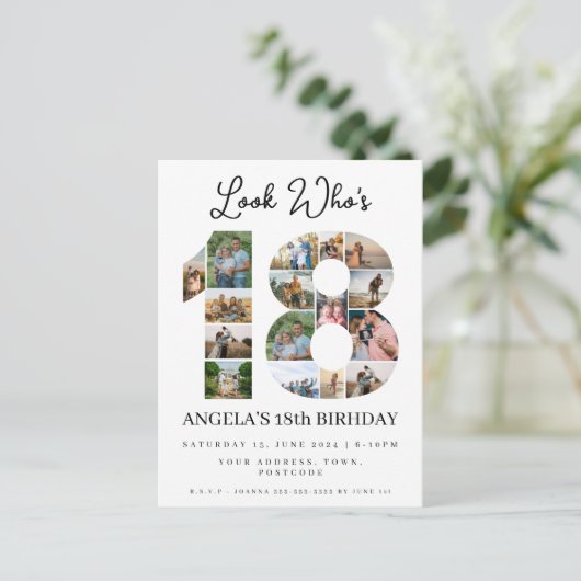 kijk wie is 18  Photo Collage teken Uitnodiging Briefkaart (Staand voorkant)