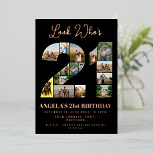 kijk wie is 21 Foto Collage teken 21e verjaardag Folie Uitnodiging