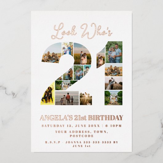 kijk wie is 21 Foto Collage teken gelukkige verjaa Folie Uitnodiging (Voorkant)