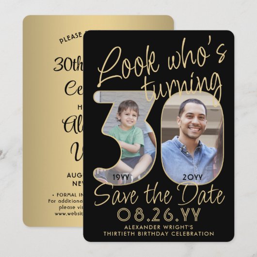 Kijk wie is 30 Zwart & Goud 2 Foto Verjaardagsfees Save The Date (Voorkant / Achterkant)