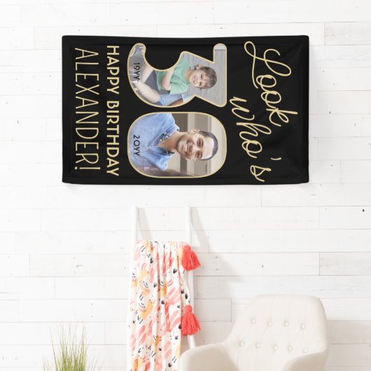 Kijk wie is 30 Zwart & Goud 2 Foto Verjaardagsfees Spandoek (Insitu)