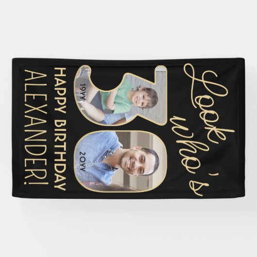 Kijk wie is 30 Zwart & Goud 2 Foto Verjaardagsfees Spandoek (Horizontaal)