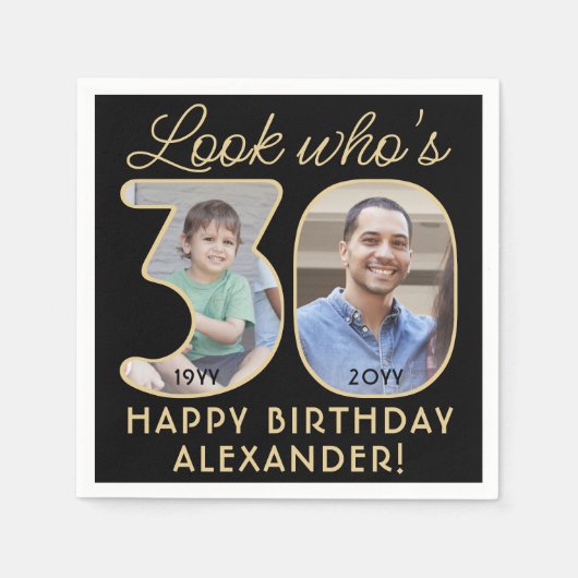 Kijk Wie is 30 Zwart & Goud Gelukkige Verjaardag 2 Servet (Voorkant)