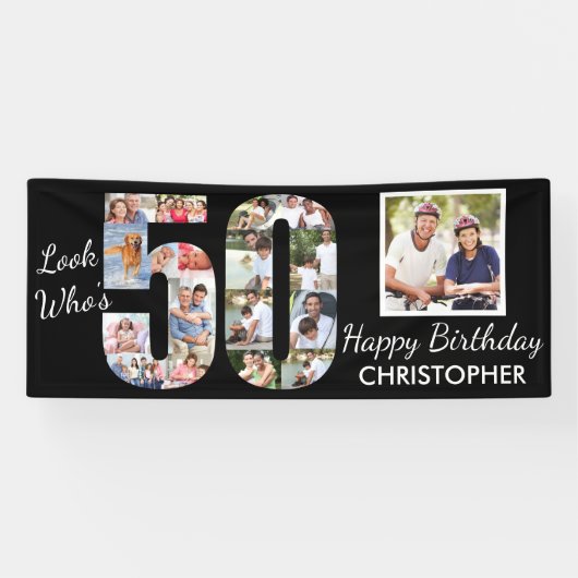 Kijk wie is 50 Fotocollage Zwart 50ste verjaardag Spandoek (Horizontaal)