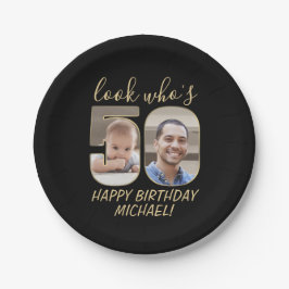 Kijk wie is 50 Zwart & Goud 2 Foto Gelukkige Verja Papieren Bordje