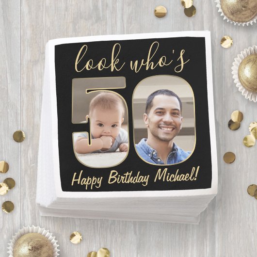 Kijk wie is 50 Zwart & Goud 2 Foto Gelukkige Verja Servet