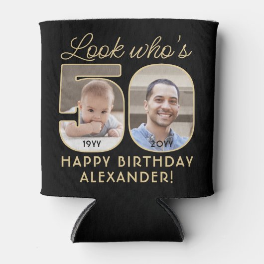 Kijk wie is 50 Zwart & Goud 2 Foto Verjaardagsfees Blikjeskoeler (Voorkant)