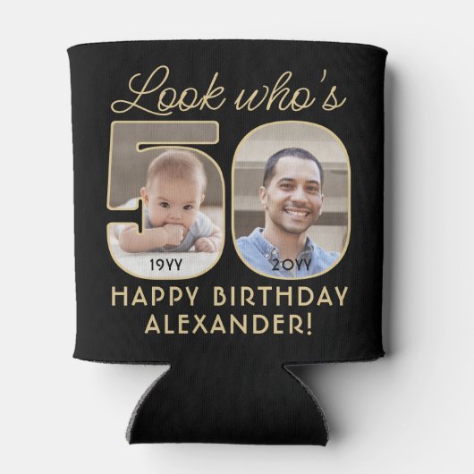 Kijk wie is 50 Zwart & Goud 2 Foto Verjaardagsfees Blikjeskoeler (Achterkant)