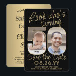 Kijk wie is 50 Zwart & Goud 2 Foto Verjaardagsfees Save The Date<br><div class="desc">Kijk eens wie er 50 wordt! Nodig familie en vrienden uit voor een aanstaande 50e verjaardag met aangepaste foto's en sla de uitnodigingen voor het datumfeest op. Afbeeldingen en formuleringen over deze sjabloon zijn eenvoudig te personaliseren. (AFBEELDING PLAATSING TIP: Een gemakkelijke manier om een foto precies te plaatsen hoe je...</div>