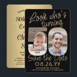 Kijk wie is 50 Zwart & Goud 2 Foto Verjaardagsfees Save The Date<br><div class="desc">Kijk eens wie er 50 wordt! Nodig familie en vrienden uit voor een aanstaande 50e verjaardag met aangepaste foto's en sla de uitnodigingen voor het datumfeest op. Afbeeldingen en formuleringen over deze sjabloon zijn eenvoudig te personaliseren. (AFBEELDING PLAATSING TIP: Een gemakkelijke manier om een foto precies te plaatsen hoe je...</div>