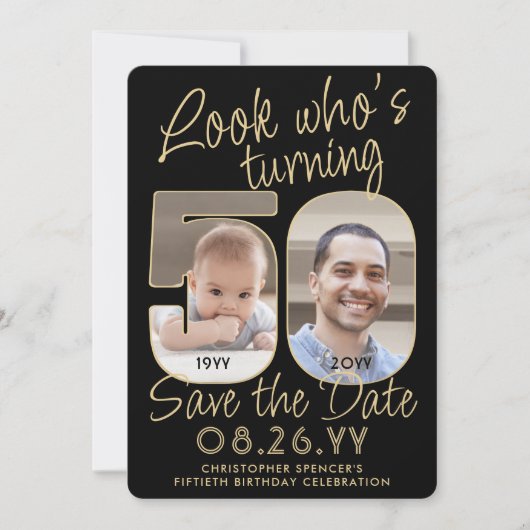 Kijk wie is 50 Zwart & Goud 2 Foto Verjaardagsfees Save The Date (Voorkant)