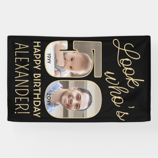 Kijk wie is 50 Zwart & Goud 2 Foto Verjaardagsfees Spandoek (Horizontaal)