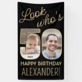 Kijk wie is 50 Zwart & Goud 2 Foto Verjaardagsfees Spandoek (Verticaal)