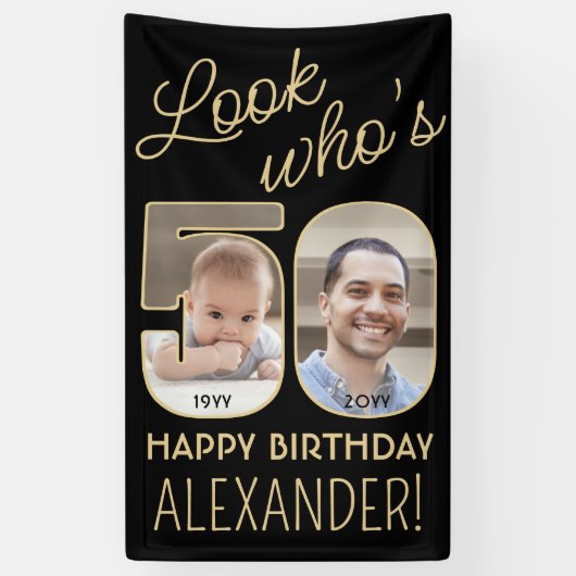 Kijk wie is 50 Zwart & Goud 2 Foto Verjaardagsfees Spandoek (Verticaal)