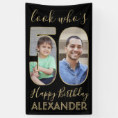 Kijk wie is 50 Zwart & Goud 2 Foto Verjaardagsfees Spandoek (Verticaal)