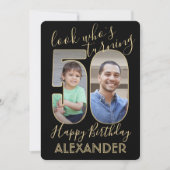 Kijk Wie is 50 Zwart & Goud Verjaardagsfeest 2 Fot Kaart (Voorkant)