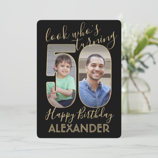 Kijk Wie is 50 Zwart & Goud Verjaardagsfeest 2 Fot Kaart (Staand voorkant)