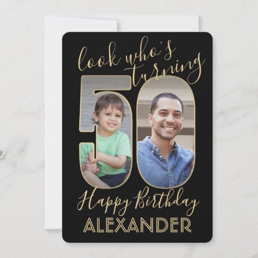 Kijk Wie is 50 Zwart & Goud Verjaardagsfeest 2 Fot Kaart (Voorkant)