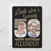 Kijk Wie is 50 Zwart & Goud Verjaardagsfeest 2 Fot Kaart (Voorkant)