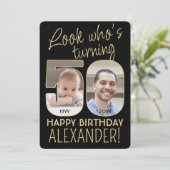 Kijk Wie is 50 Zwart & Goud Verjaardagsfeest 2 Fot Kaart (Staand voorkant)