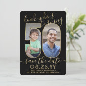 Kijk Wie is 50 Zwart & Goud Verjaardagsfeest 2 Fot Save The Date (Staand voorkant)