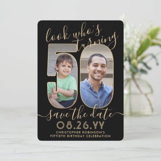 Kijk Wie is 50 Zwart & Goud Verjaardagsfeest 2 Fot Save The Date (Staand voorkant)