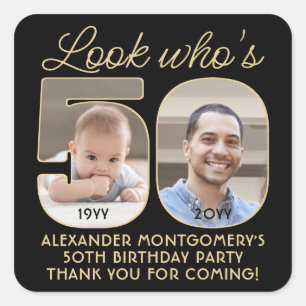 Kijk Wie is 50 Zwart & Goud Verjaardagsfeest 2 Fot Vierkante Sticker