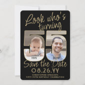 Kijk wie is 55 Zwart & Goud 2 Foto Verjaardagsfees Save The Date (Voorkant)