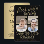 Kijk wie is 55 Zwart & Goud 2 Foto Verjaardagsfees Save The Date<br><div class="desc">Kijk eens wie er 55 wordt! Nodig familie en vrienden uit voor een aankomende 55e verjaardagsviering met aangepaste foto, sla de uitnodigingen voor het datumfeest op. Afbeeldingen en formuleringen over deze sjabloon zijn eenvoudig te personaliseren. (AFBEELDING PLACEMENT TIP: Een eenvoudige manier om een foto precies te positioneren hoe u wilt...</div>