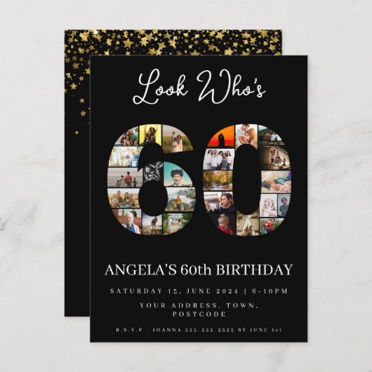 kijk wie is 60 gelukkig verjaardag Foto arrangemen Uitnodiging Briefkaart (Voorkant / Achterkant)
