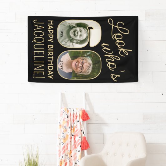 Kijk wie is 60 Zwart & Goud 2 Foto Verjaardagsfees Spandoek (Insitu)