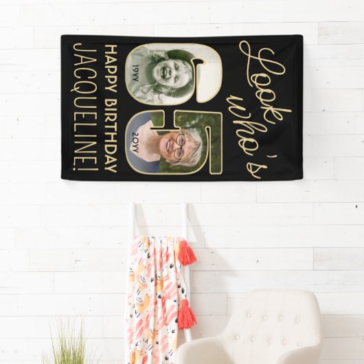 Kijk wie is 65 Zwart & Goud 2 Foto Verjaardagsfees Spandoek (Insitu)
