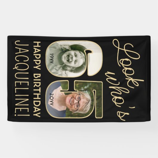 Kijk wie is 65 Zwart & Goud 2 Foto Verjaardagsfees Spandoek (Horizontaal)