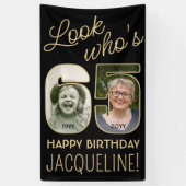Kijk wie is 65 Zwart & Goud 2 Foto Verjaardagsfees Spandoek (Verticaal)