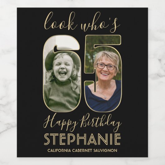 Kijk wie is 65 Zwart & Goud 2 Foto Verjaardagsfees Wijn Etiket (Enkel label)