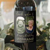 Kijk wie is 65 Zwart & Goud 2 Foto Verjaardagsfees Wijn Etiket